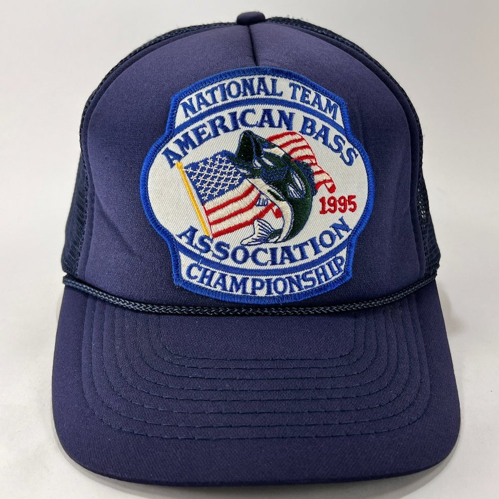 Vtg American Bass Snap Back Hat Kati Blue Trucker Rope Fishing Outdoor Mens 90s
